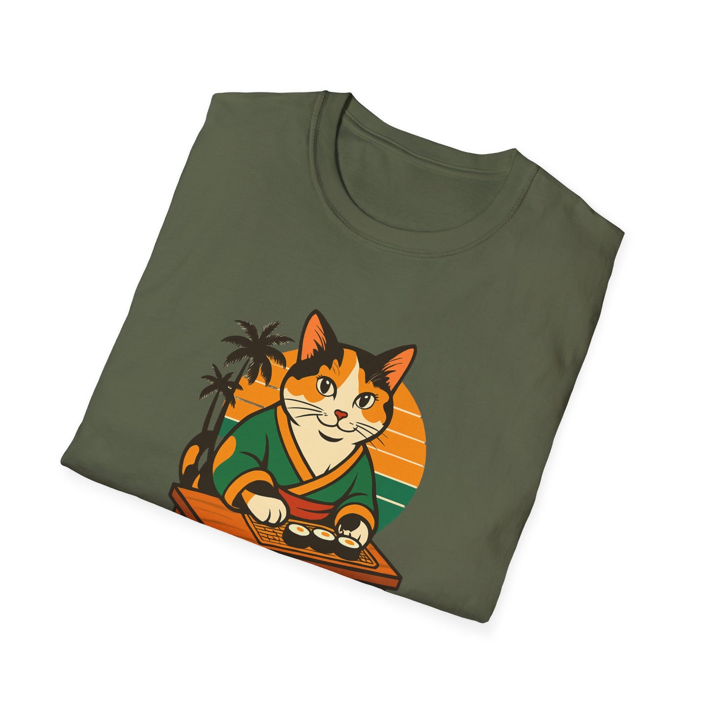 Sushi Cat Just Roll With It Tee - Cat-Themed Graphic Shirt, Japanese Neko in Kimono, Sushi Lover Kitty