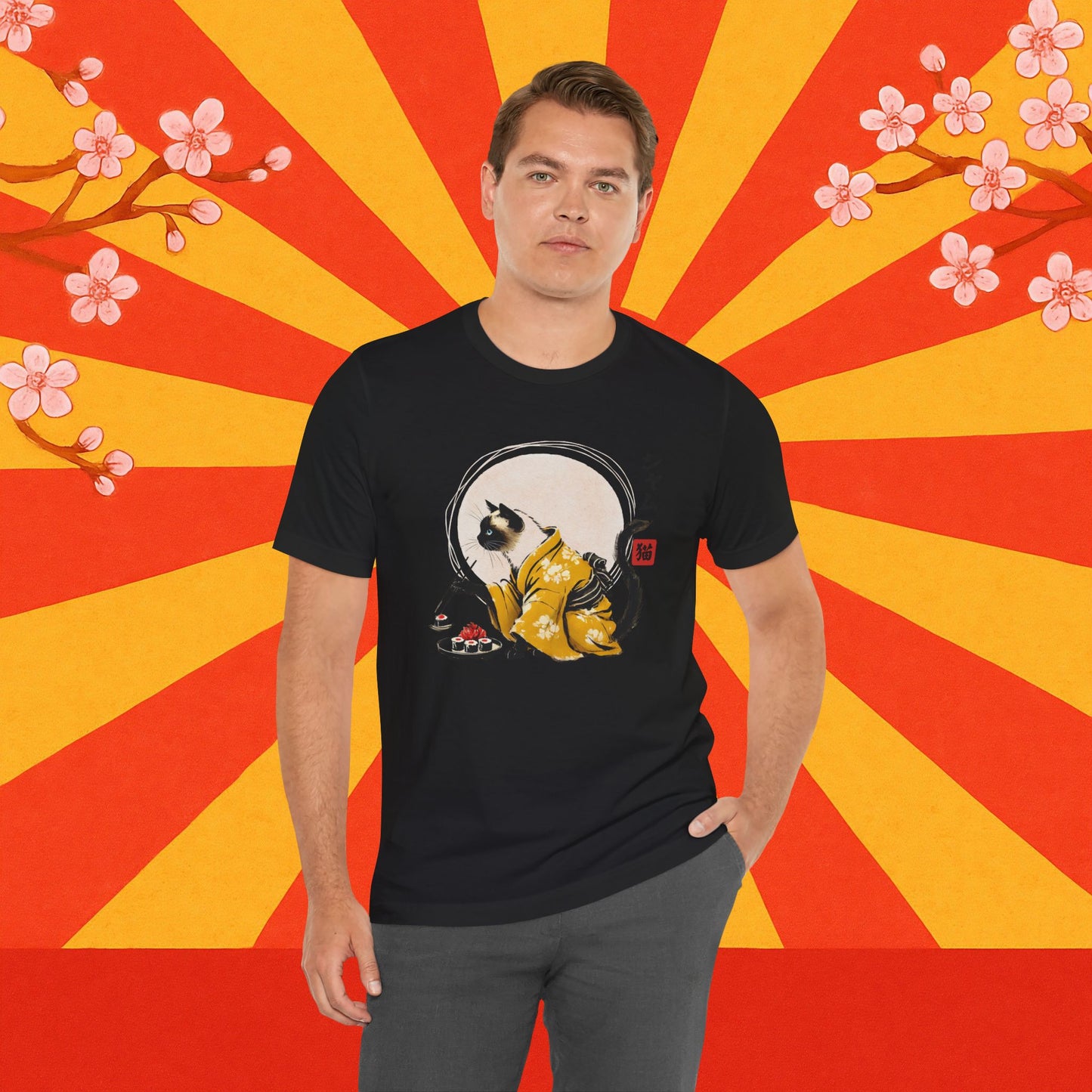 Siamese Cat Tee - Kimono Cat Eating Sushi T-Shirt, Japanese Neko