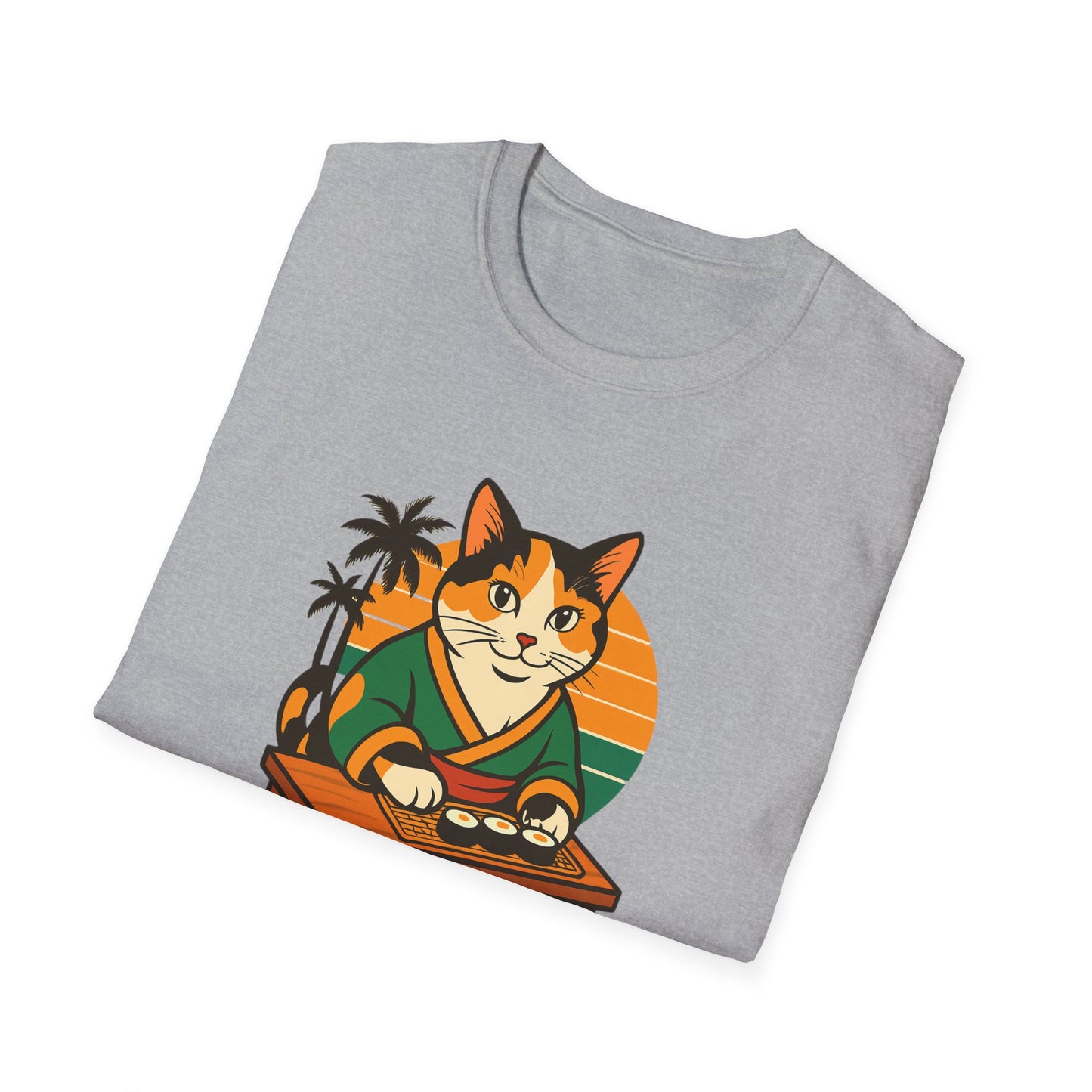 Sushi Cat Just Roll With It Tee - Cat-Themed Graphic Shirt, Japanese Neko in Kimono, Sushi Lover Kitty