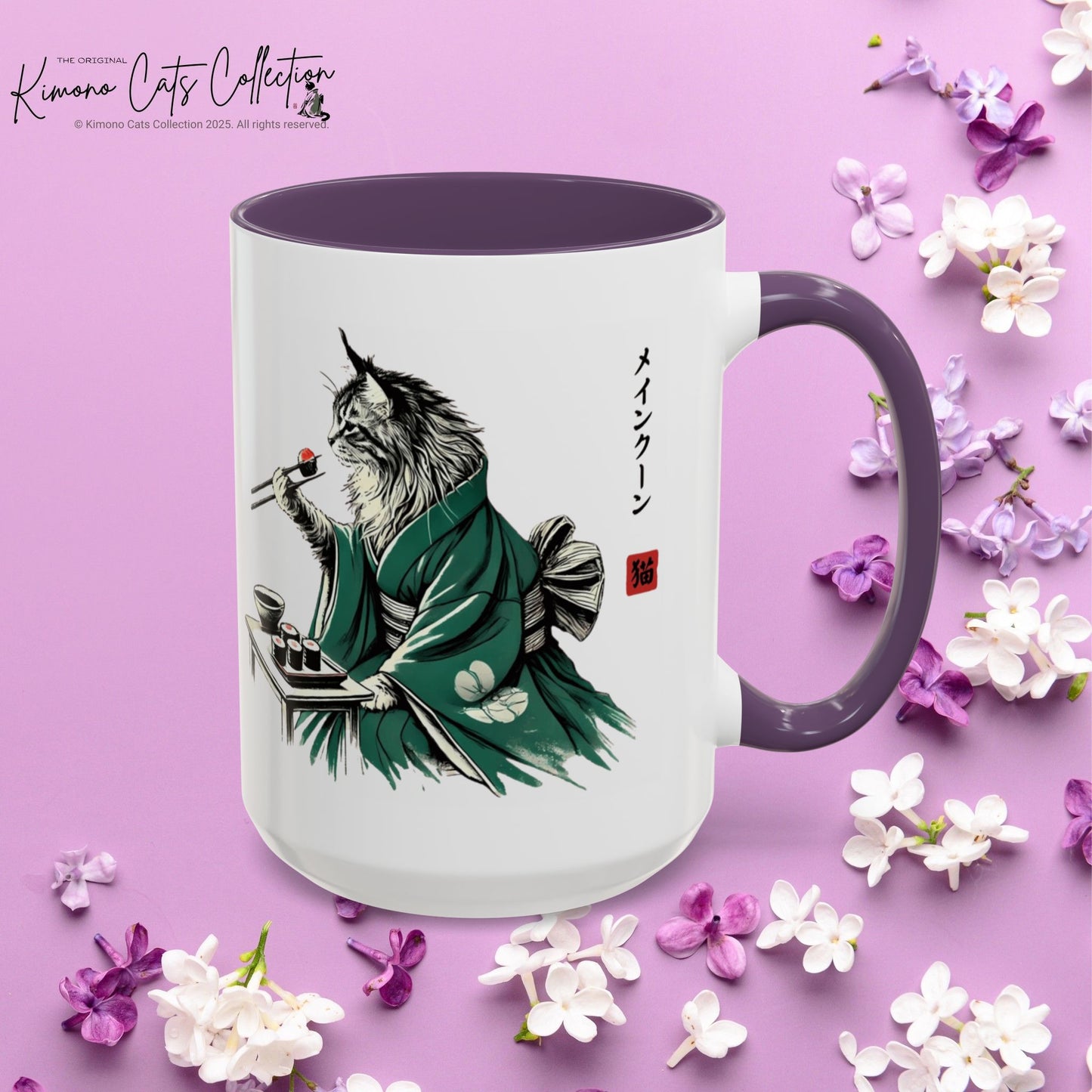 Kimono Cat Coffee Mug - Maine Coon Eating Sushi
