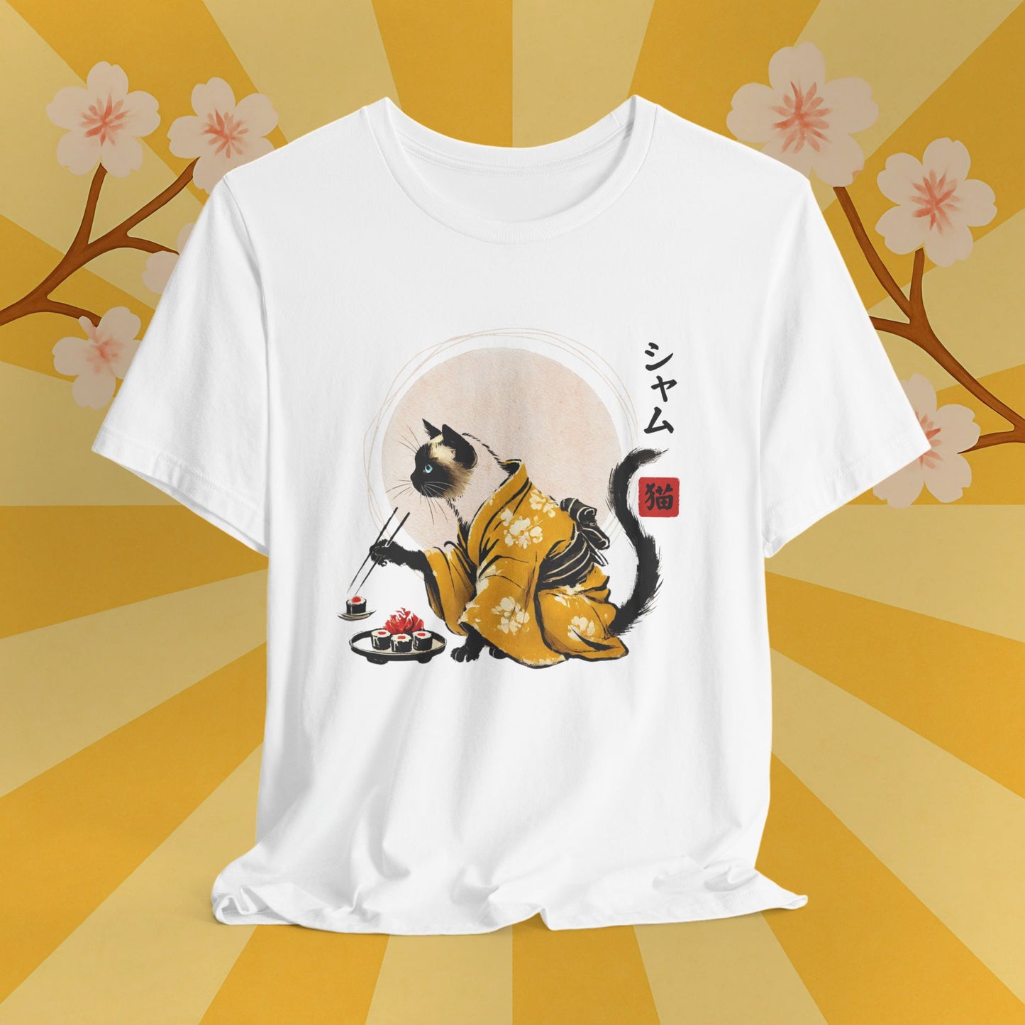 Siamese Cat Tee - Kimono Cat Eating Sushi T-Shirt, Japanese Neko