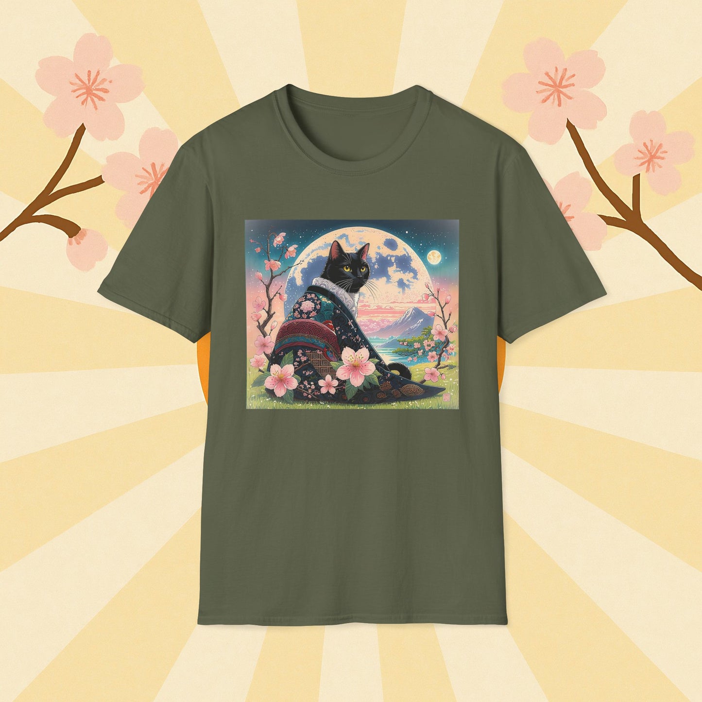 Elegant Black Cat Kimono T-Shirt