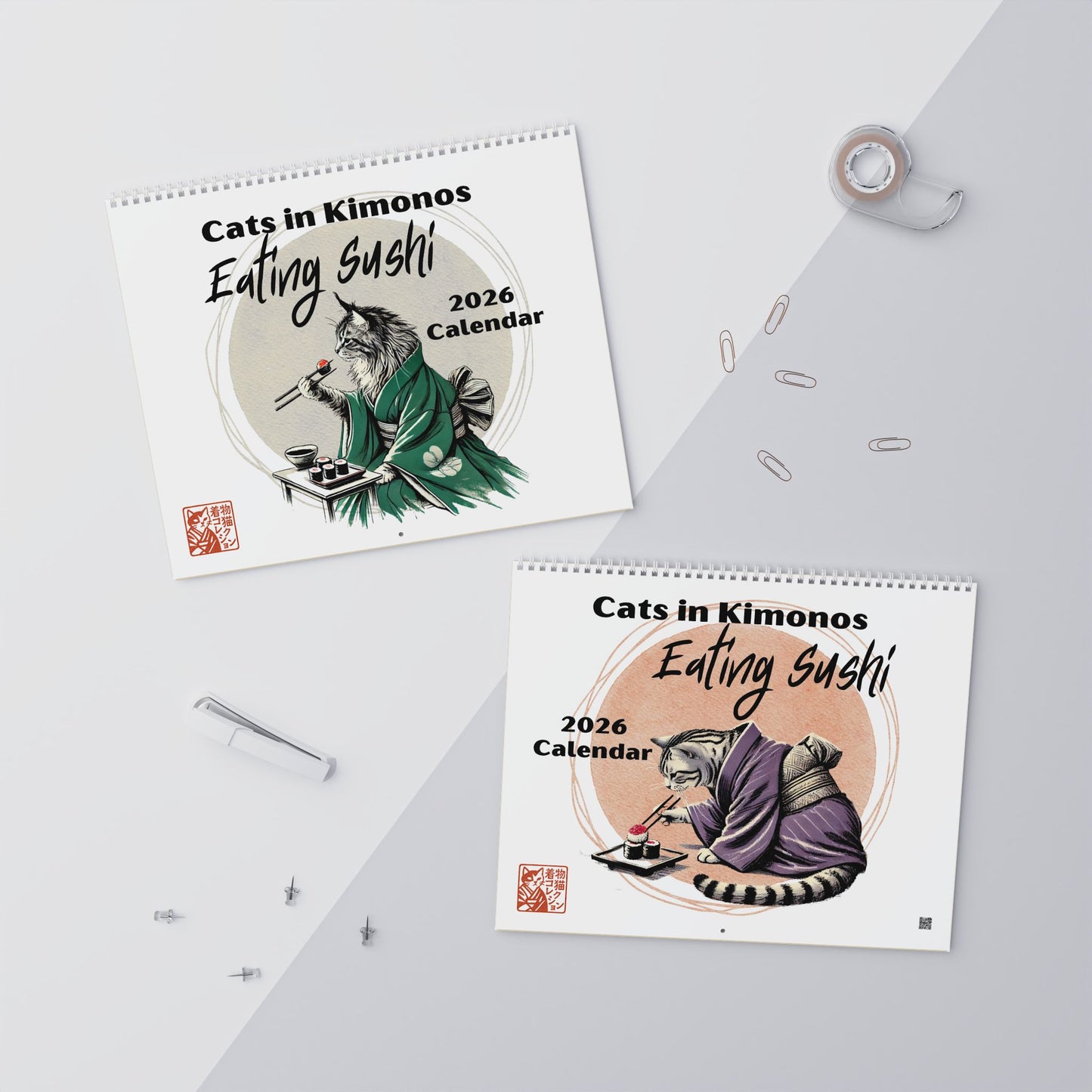 2026 Cats in Kimonos Eating Sushi Calendar - Japan Cat Sumi-e Art, Ukiyo-e Inspired, Vibrant Monthly Wall Decor
