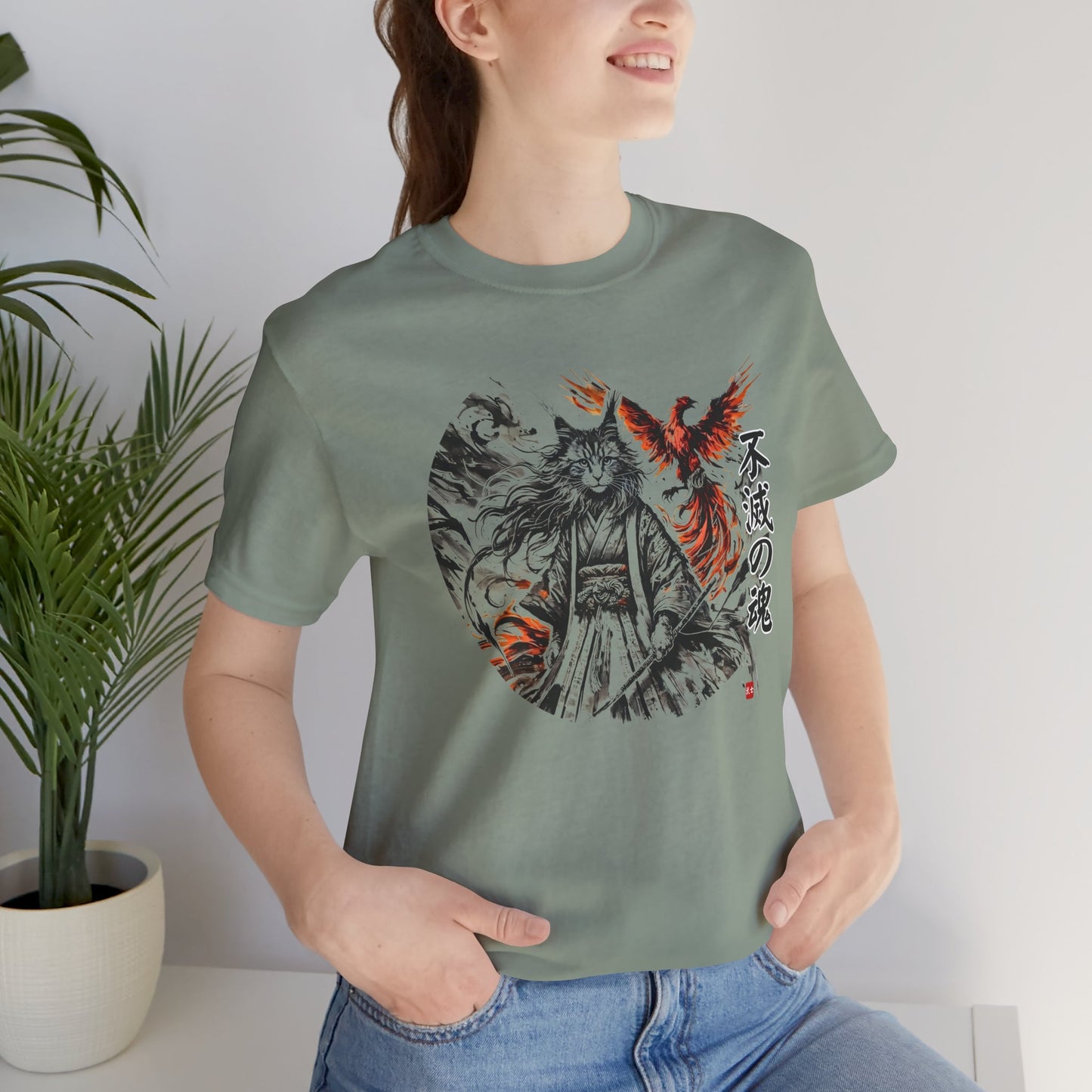 Unzerstörbare Seele – 不滅の魂 | T-Shirt mit Samurai-Katze und Phönix