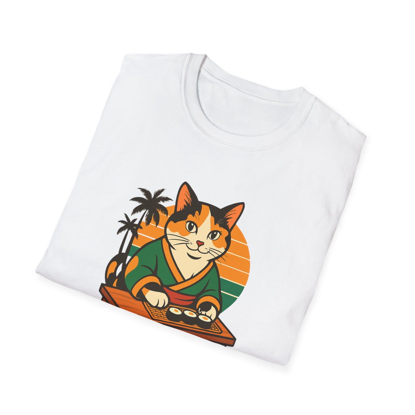 Sushi Cat Just Roll With It Tee - Cat-Themed Graphic Shirt, Japanese Neko in Kimono, Sushi Lover Kitty