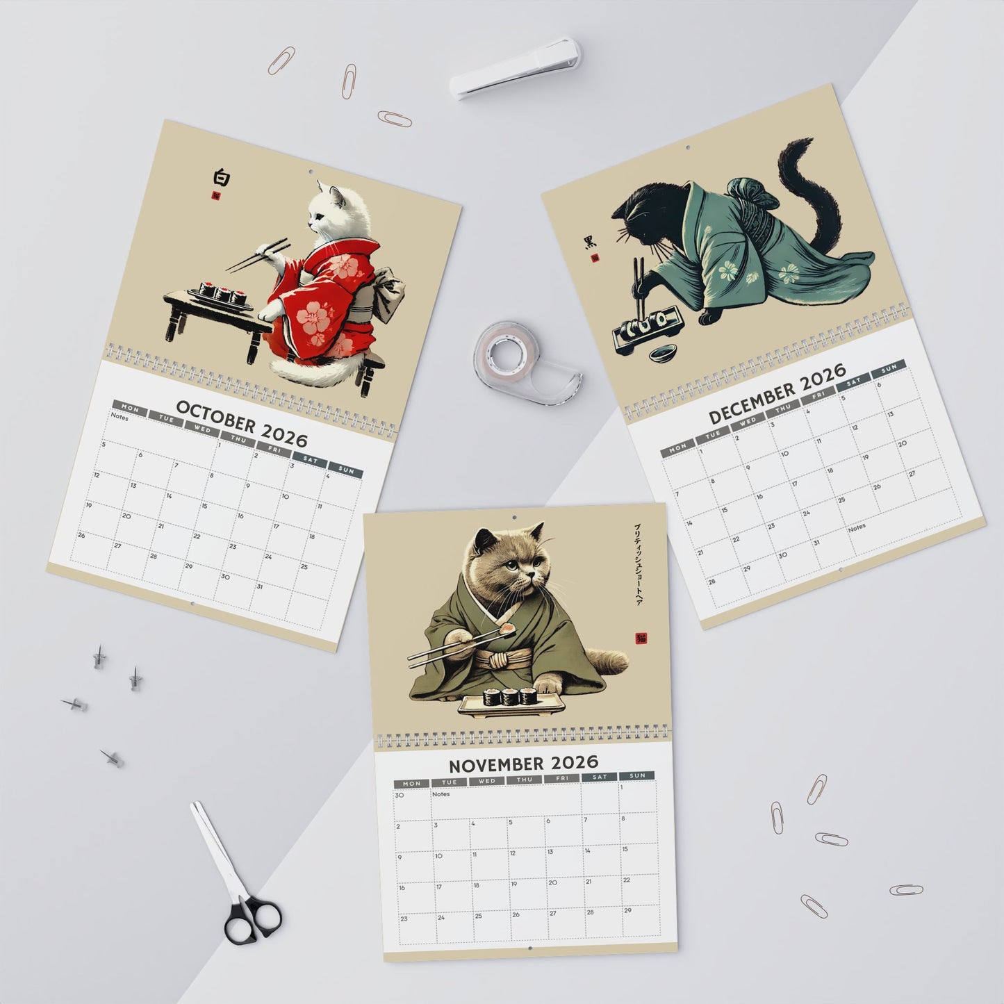 2026 Cats in Kimonos Eating Sushi Calendar - Japan Cat Sumi-e Art, Ukiyo-e Inspired, Vibrant Monthly Wall Decor