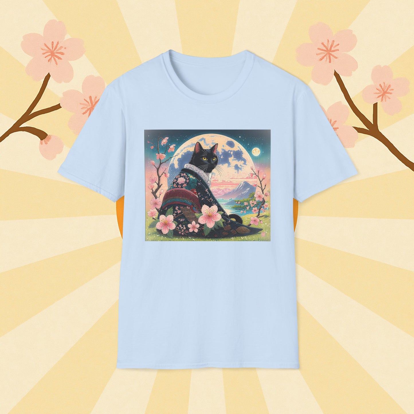 Elegant Black Cat Kimono T-Shirt
