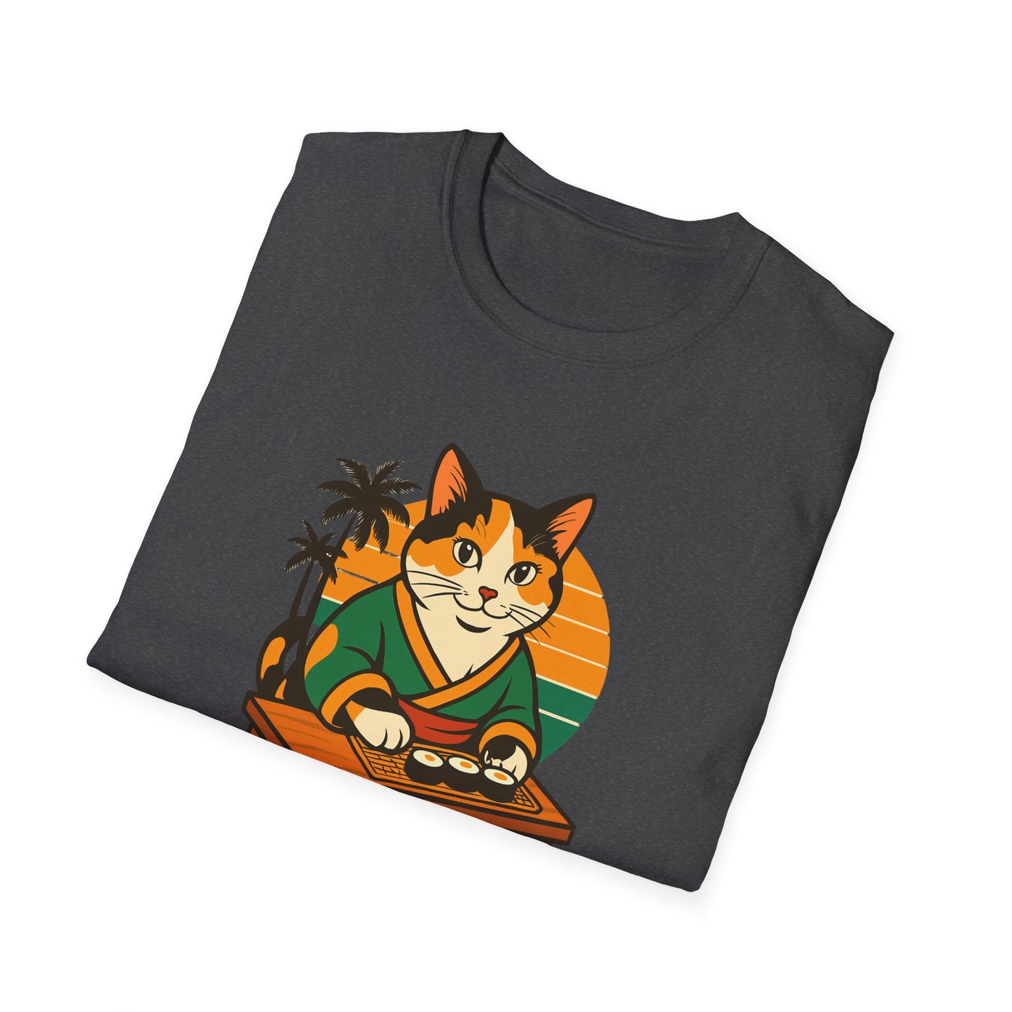 Sushi Cat Just Roll With It Tee - Cat-Themed Graphic Shirt, Japanese Neko in Kimono, Sushi Lover Kitty
