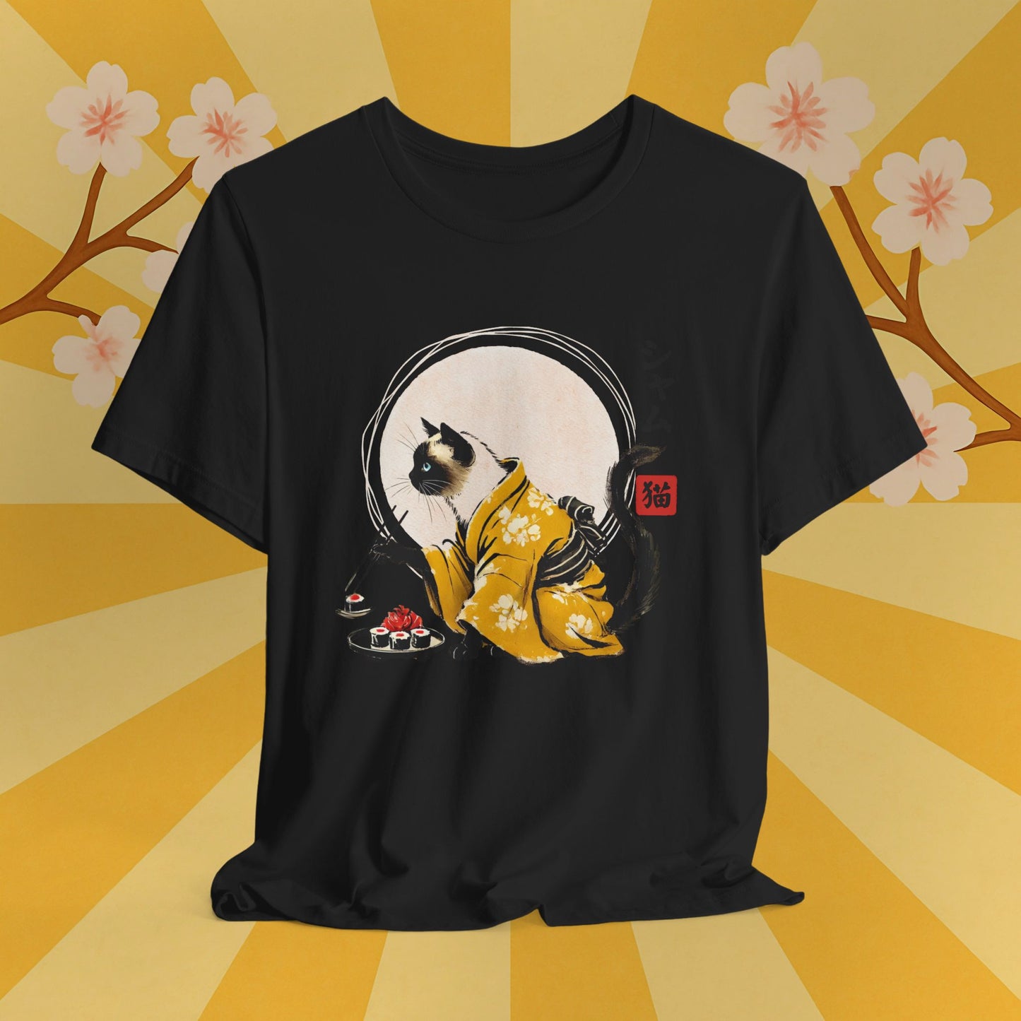 Siamese Cat Tee - Kimono Cat Eating Sushi T-Shirt, Japanese Neko