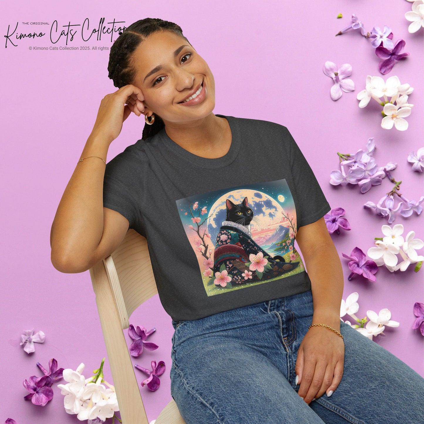 Elegant Black Cat Kimono T-Shirt