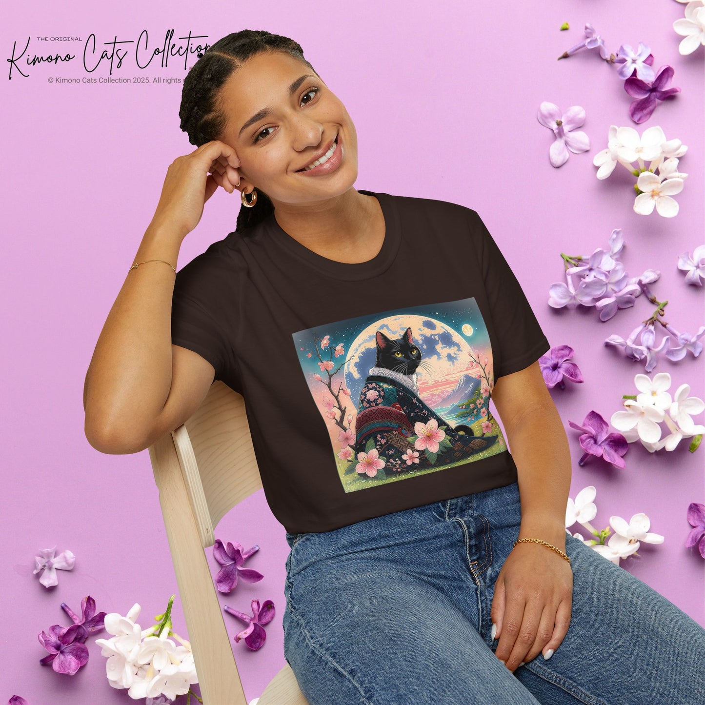Elegant Black Cat Kimono T-Shirt
