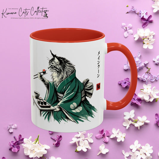 Kimono Cat Coffee Mug - Maine Coon Eating Sushi
