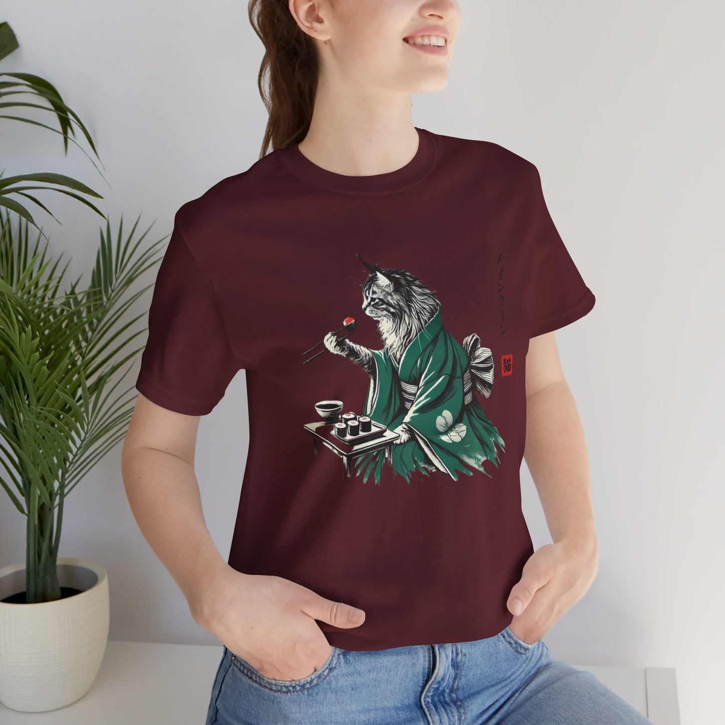 Maine Coon Eating Sushi - T-Shirt