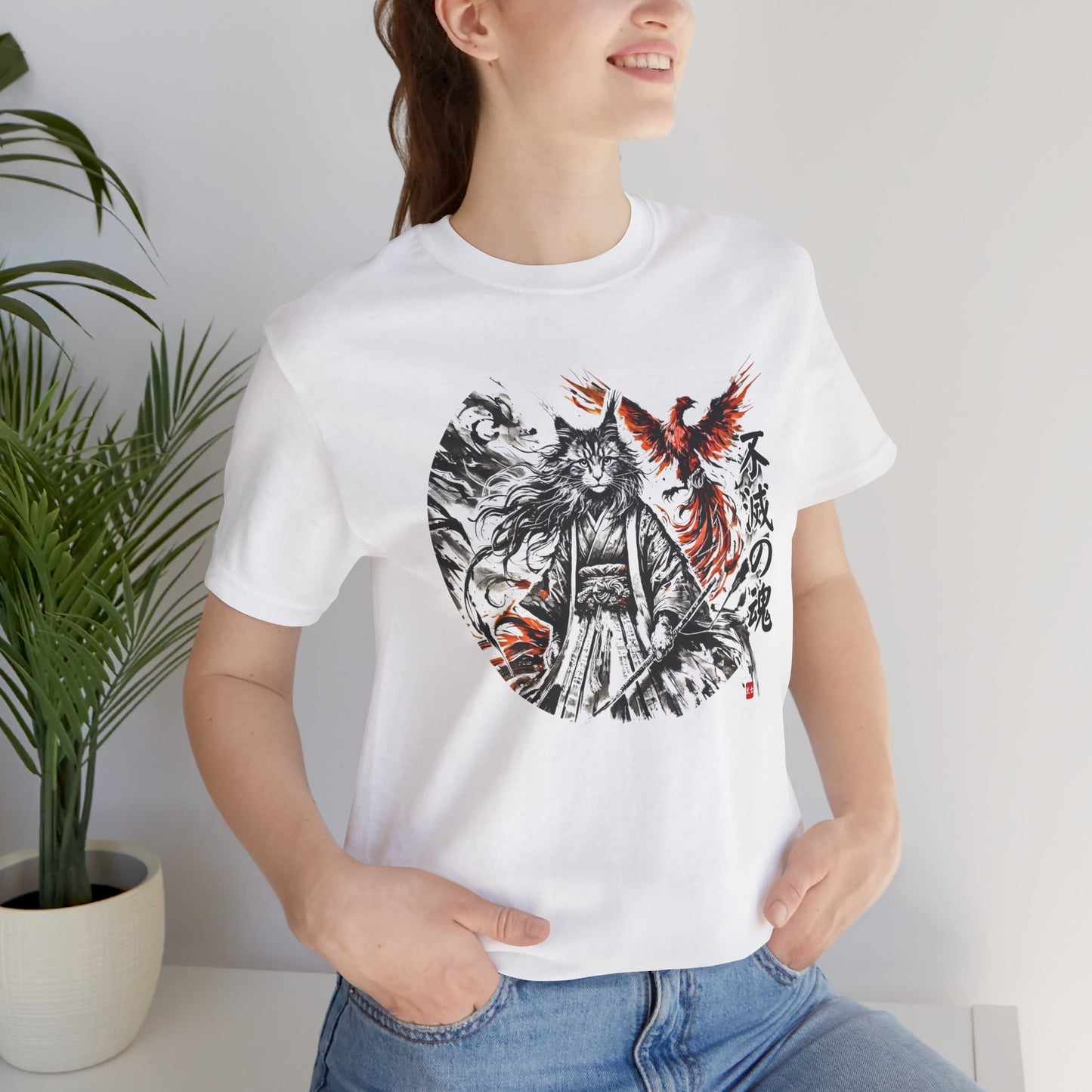 Unzerstörbare Seele – 不滅の魂 | T-Shirt mit Samurai-Katze und Phönix