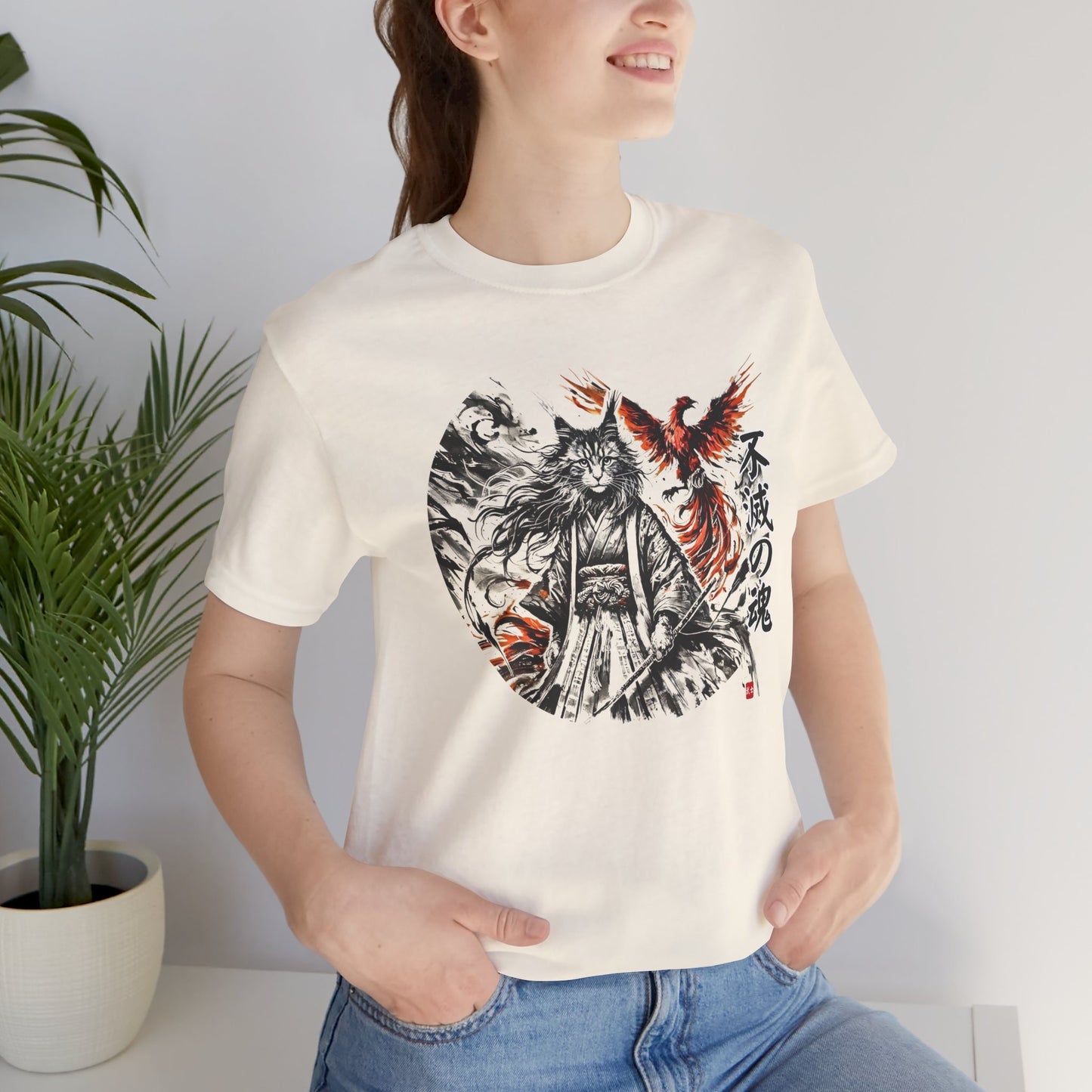 Unzerstörbare Seele – 不滅の魂 | T-Shirt mit Samurai-Katze und Phönix