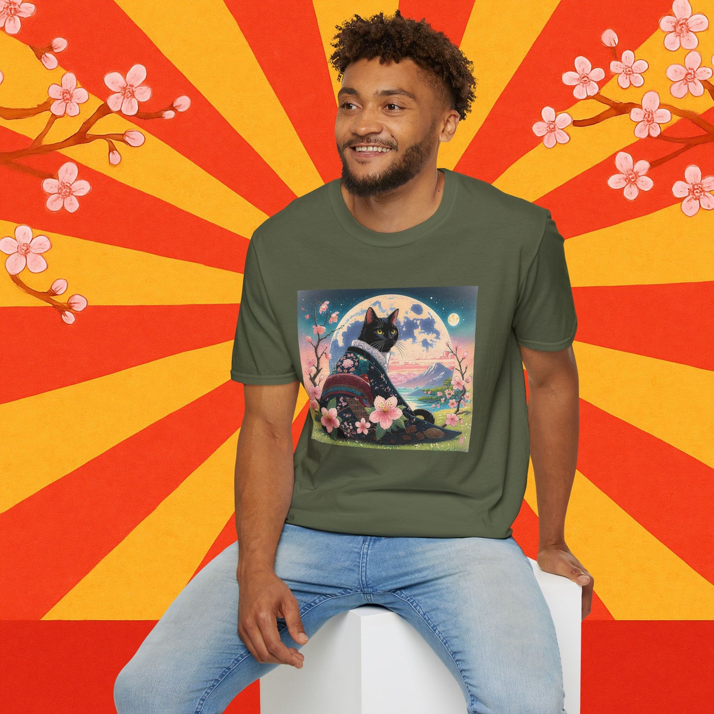 Elegant Black Cat Kimono T-Shirt