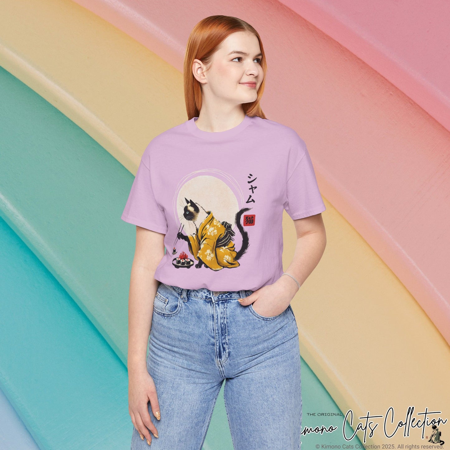 Siamese Cat Tee - Kimono Cat Eating Sushi T-Shirt, Japanese Neko