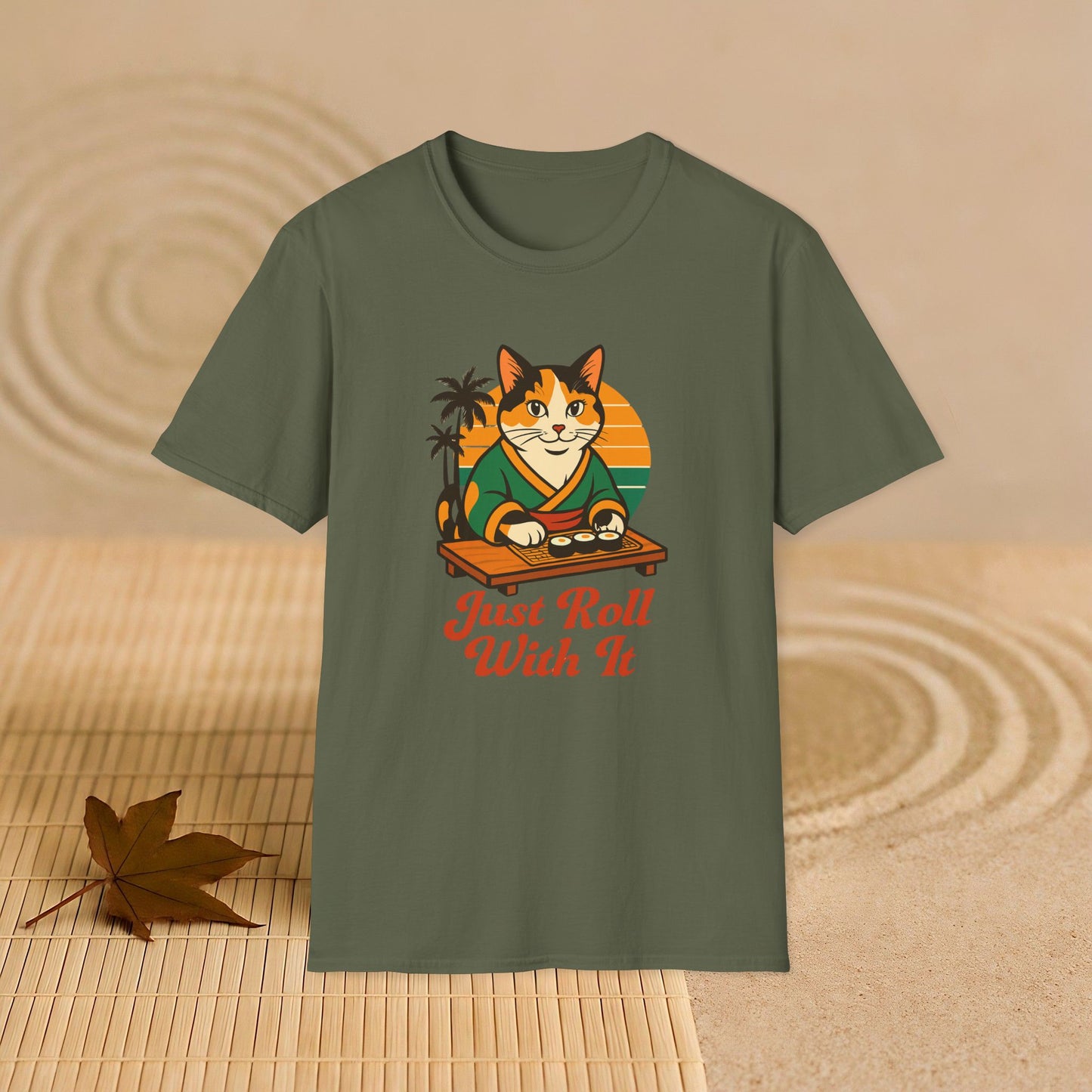 Sushi Cat Just Roll With It Tee - Cat-Themed Graphic Shirt, Japanese Neko in Kimono, Sushi Lover Kitty
