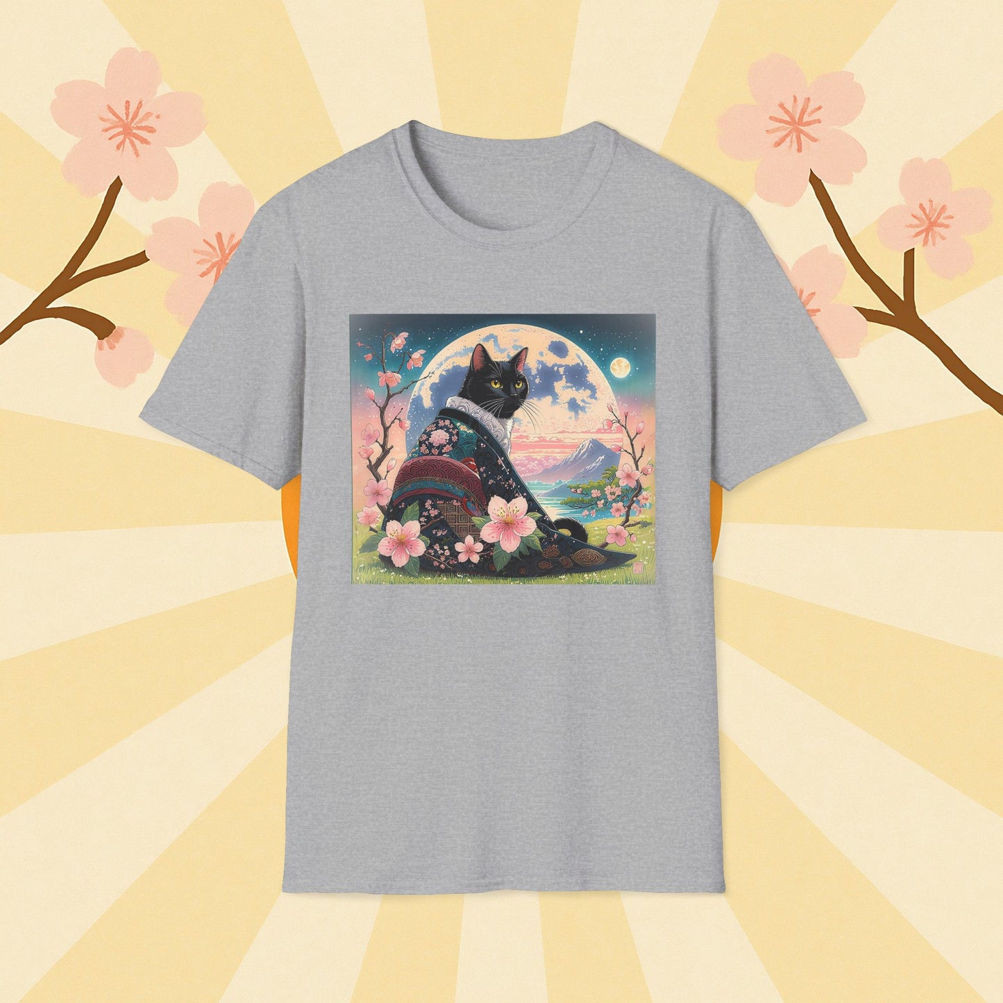 Elegant Black Cat Kimono T-Shirt