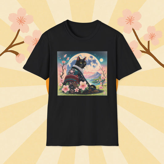 Elegant Black Cat Kimono T-Shirt