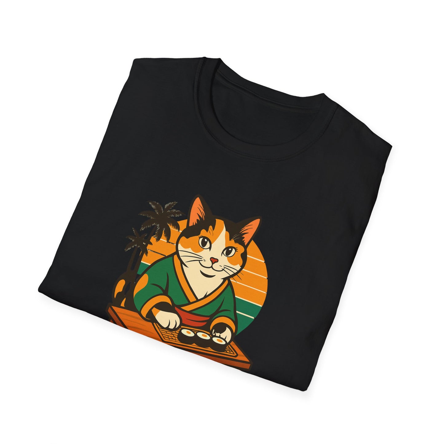 Sushi Cat Just Roll With It Tee - Cat-Themed Graphic Shirt, Japanese Neko in Kimono, Sushi Lover Kitty