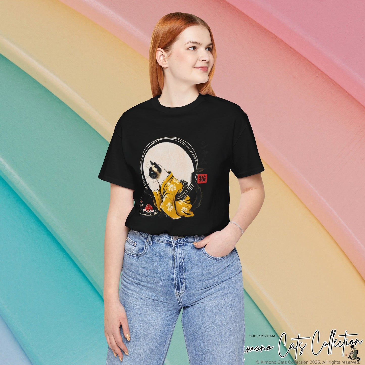 Siamese Cat Tee - Kimono Cat Eating Sushi T-Shirt, Japanese Neko