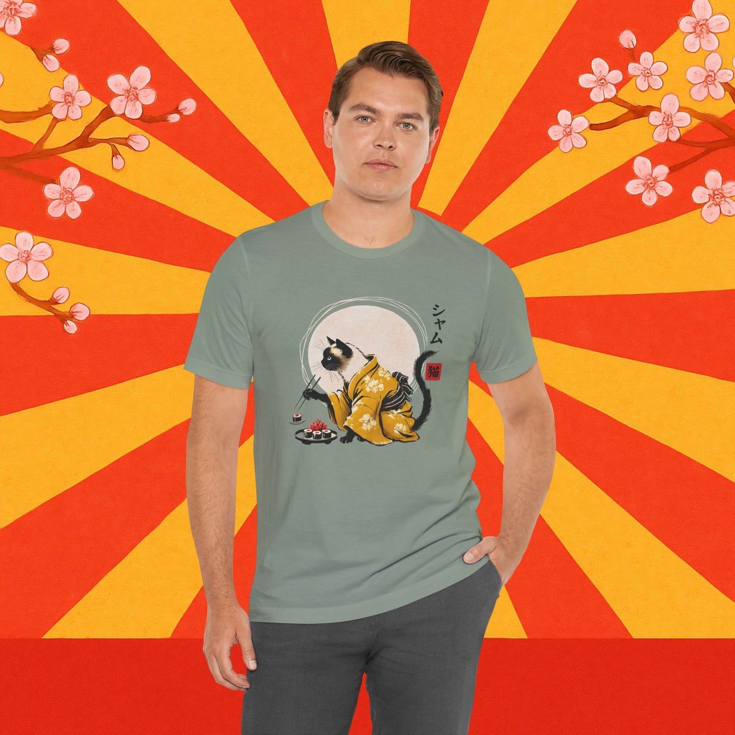 Siamese Cat Tee - Kimono Cat Eating Sushi T-Shirt, Japanese Neko
