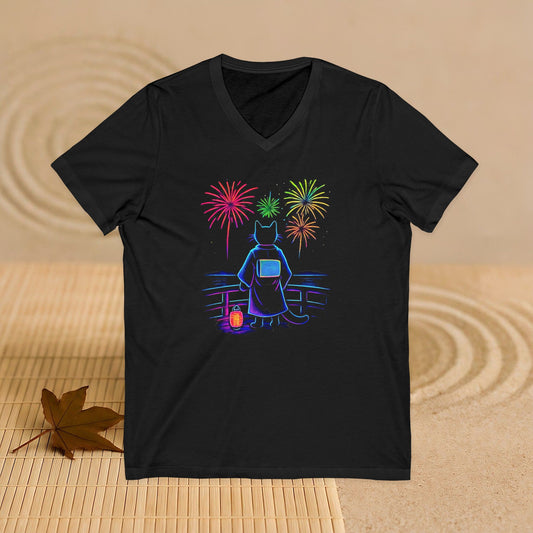 V-Neck Tee Cat Watching Fireworks - Unisex