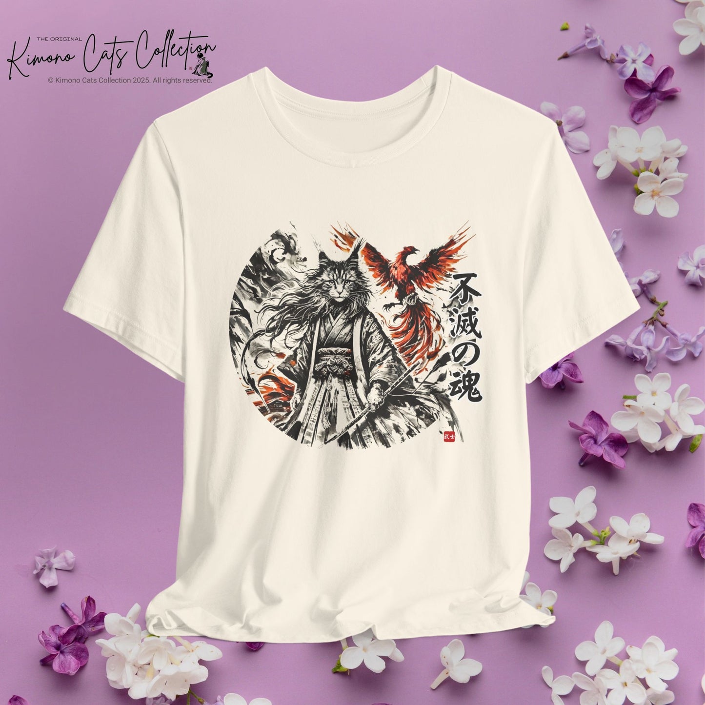 Unzerstörbare Seele – 不滅の魂 | T-Shirt mit Samurai-Katze und Phönix