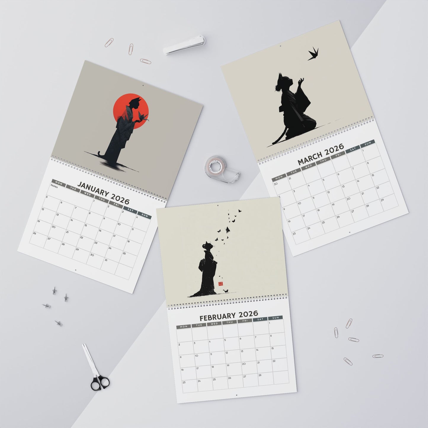 Origami Cat Ladies in Kimonos 2026 Wall Calendar