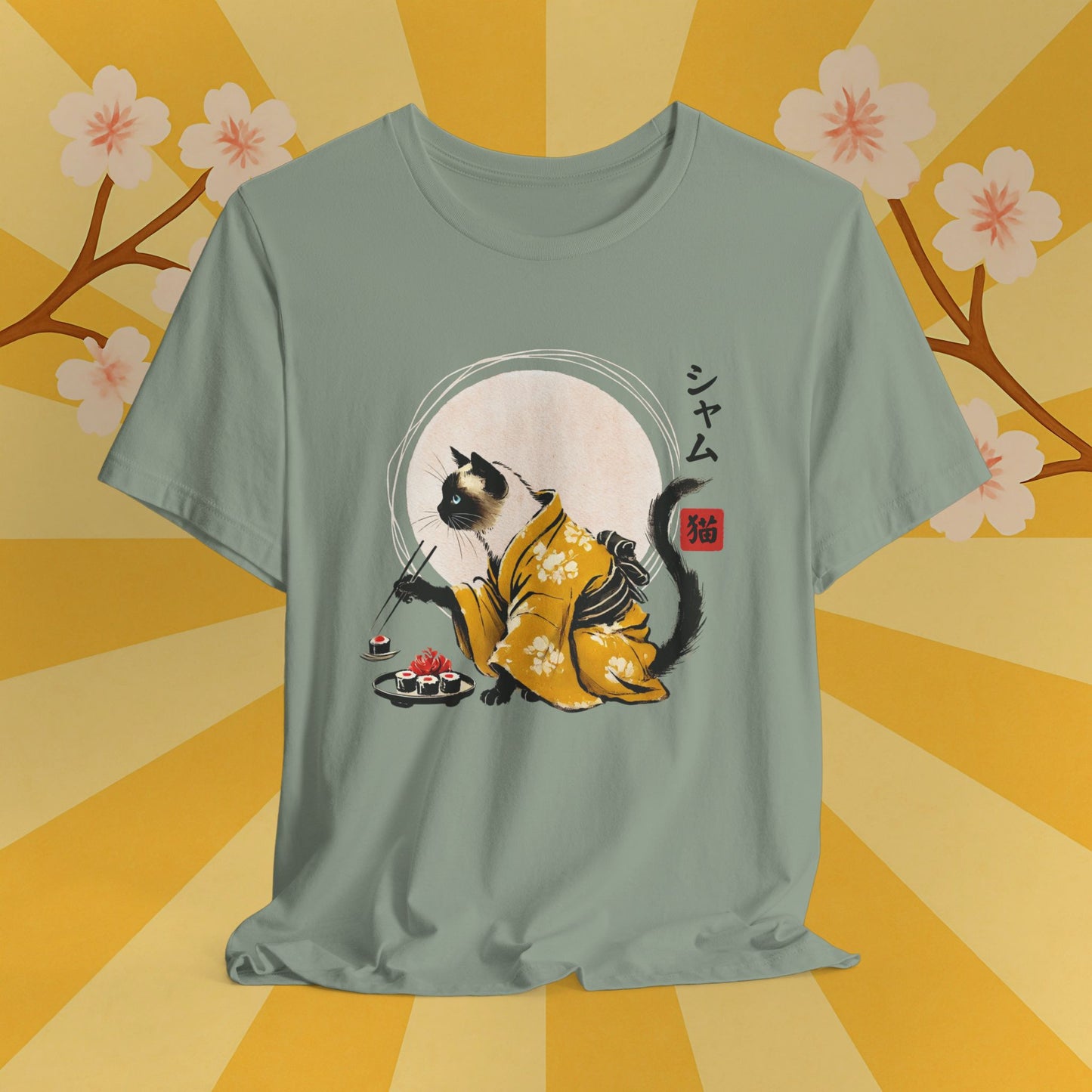 Siamese Cat Tee - Kimono Cat Eating Sushi T-Shirt, Japanese Neko