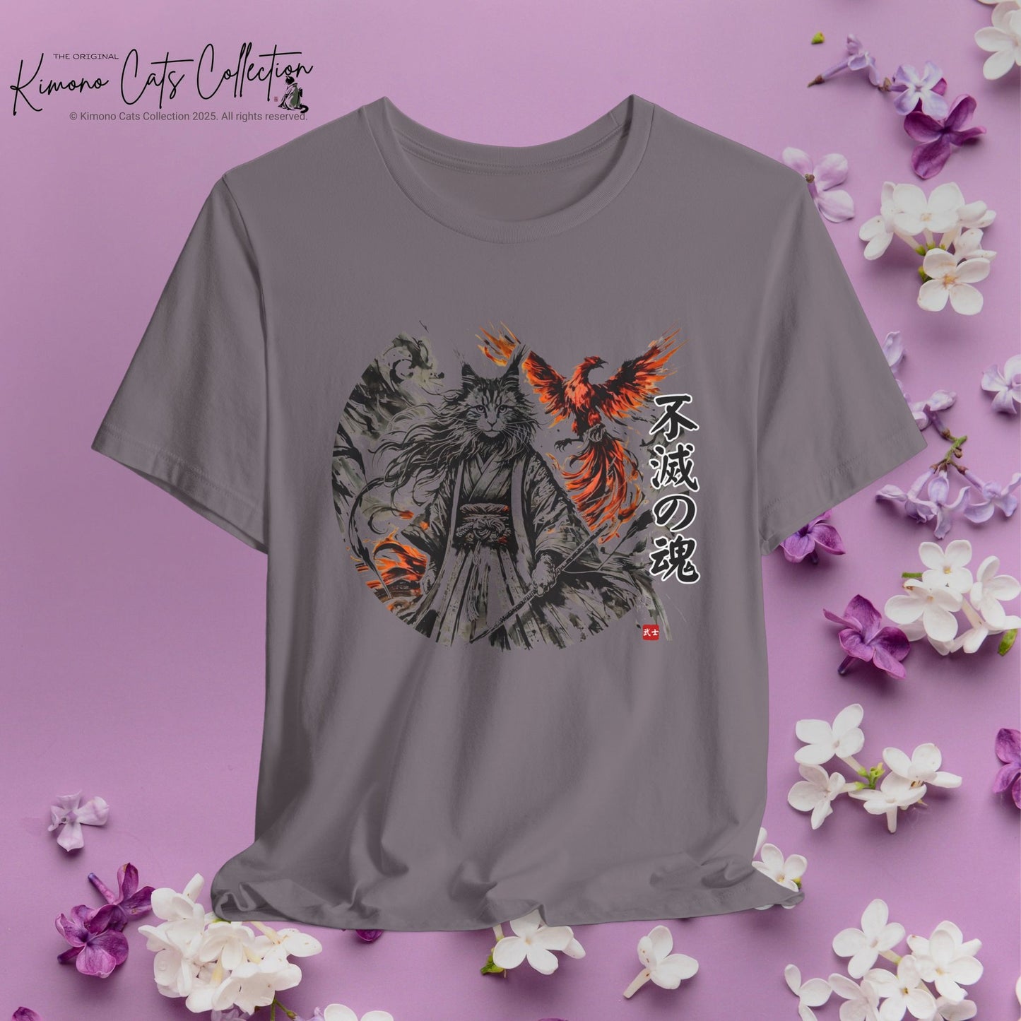 Unzerstörbare Seele – 不滅の魂 | T-Shirt mit Samurai-Katze und Phönix