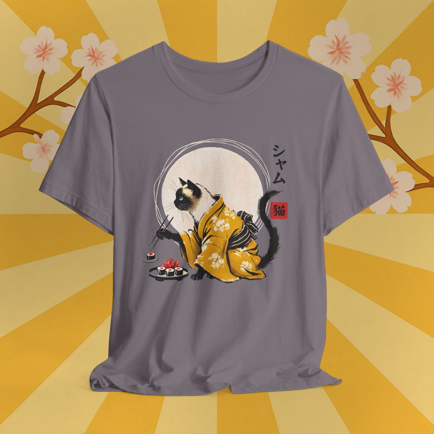 Siamese Cat Tee - Kimono Cat Eating Sushi T-Shirt, Japanese Neko