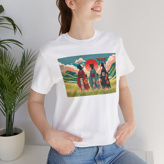 Kawaii Kimono bekleidete schwarze Katzen T-Shirt