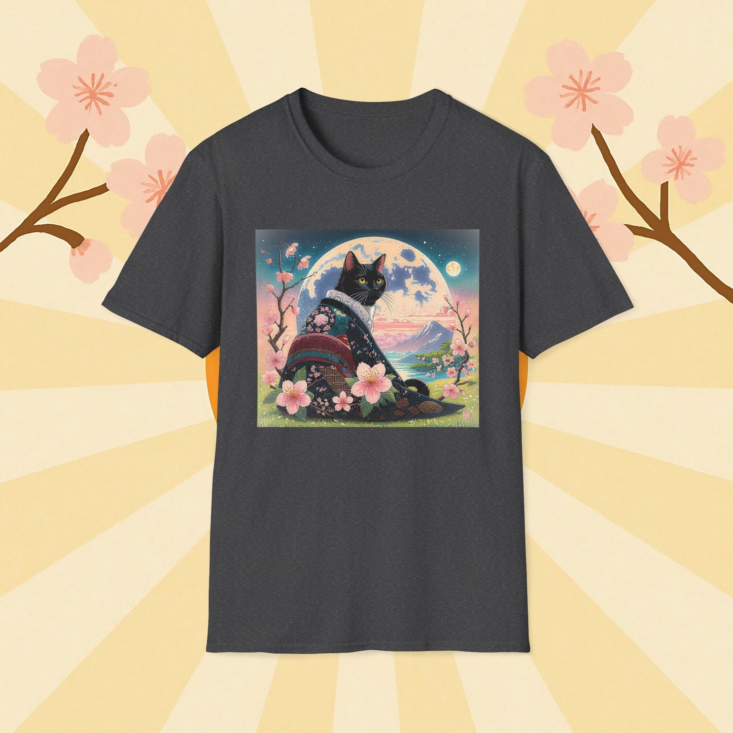 Elegant Black Cat Kimono T-Shirt