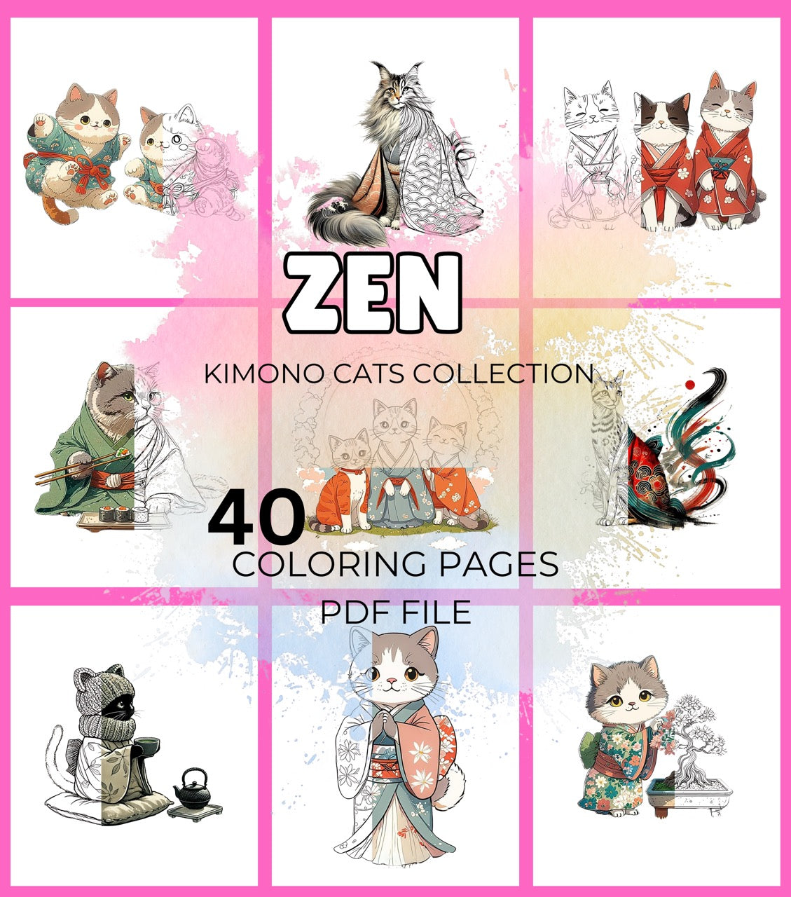 FREE! - 40 Zen Kimono Cats Coloring Pages โ Adult Coloring Book, Printable, Stress Relief, Digital Download, Relaxing, ADHD & Anxiety Relief