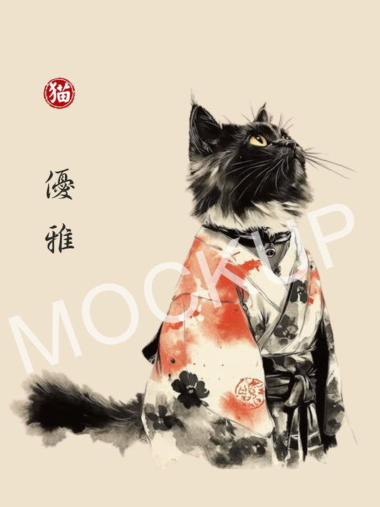 Yūga Kimono Cat - Elegant Japanese Wall Art