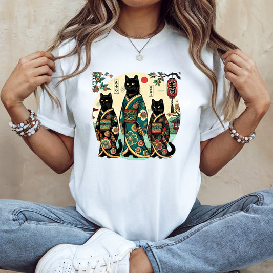 Black Kitty Cats in Kimonos - Unisex T-Shirt