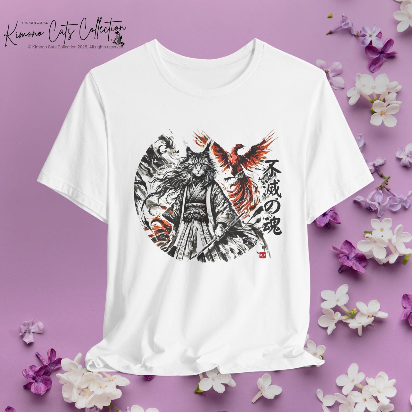 Unzerstörbare Seele – 不滅の魂 | T-Shirt mit Samurai-Katze und Phönix