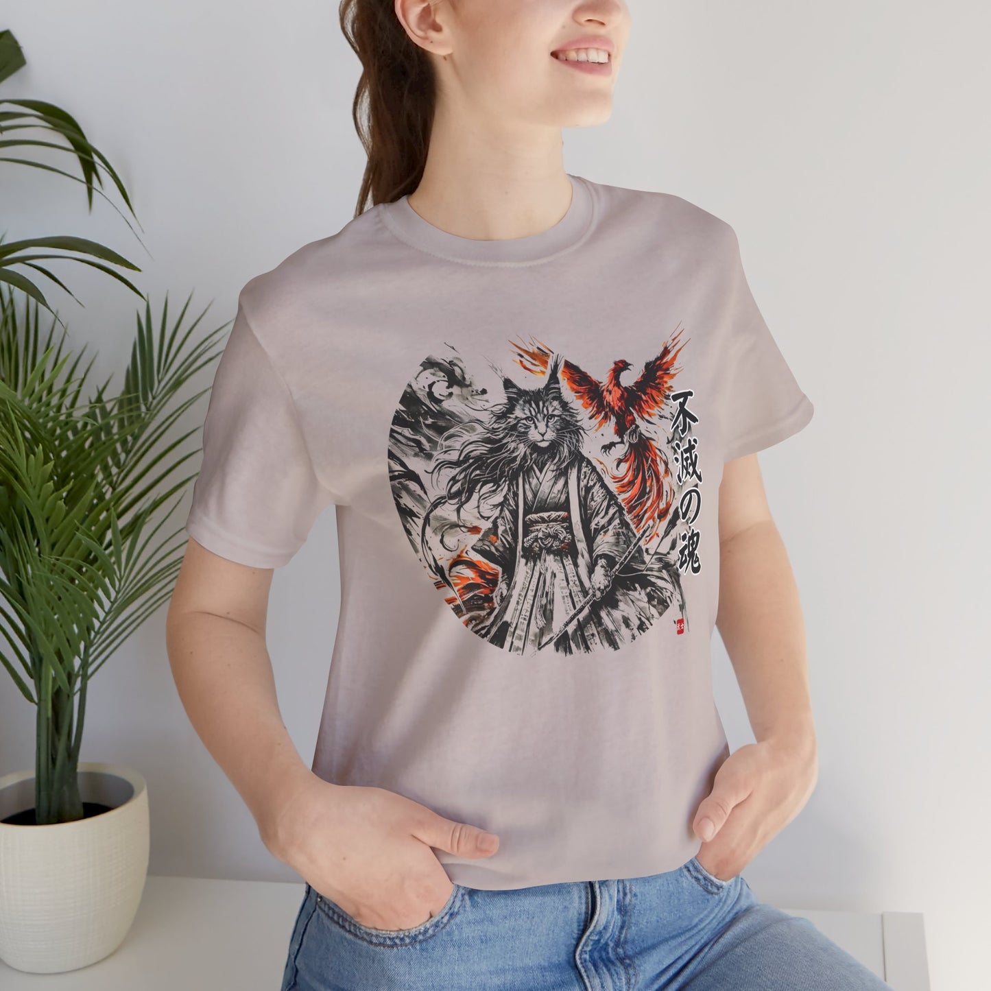 Unzerstörbare Seele – 不滅の魂 | T-Shirt mit Samurai-Katze und Phönix
