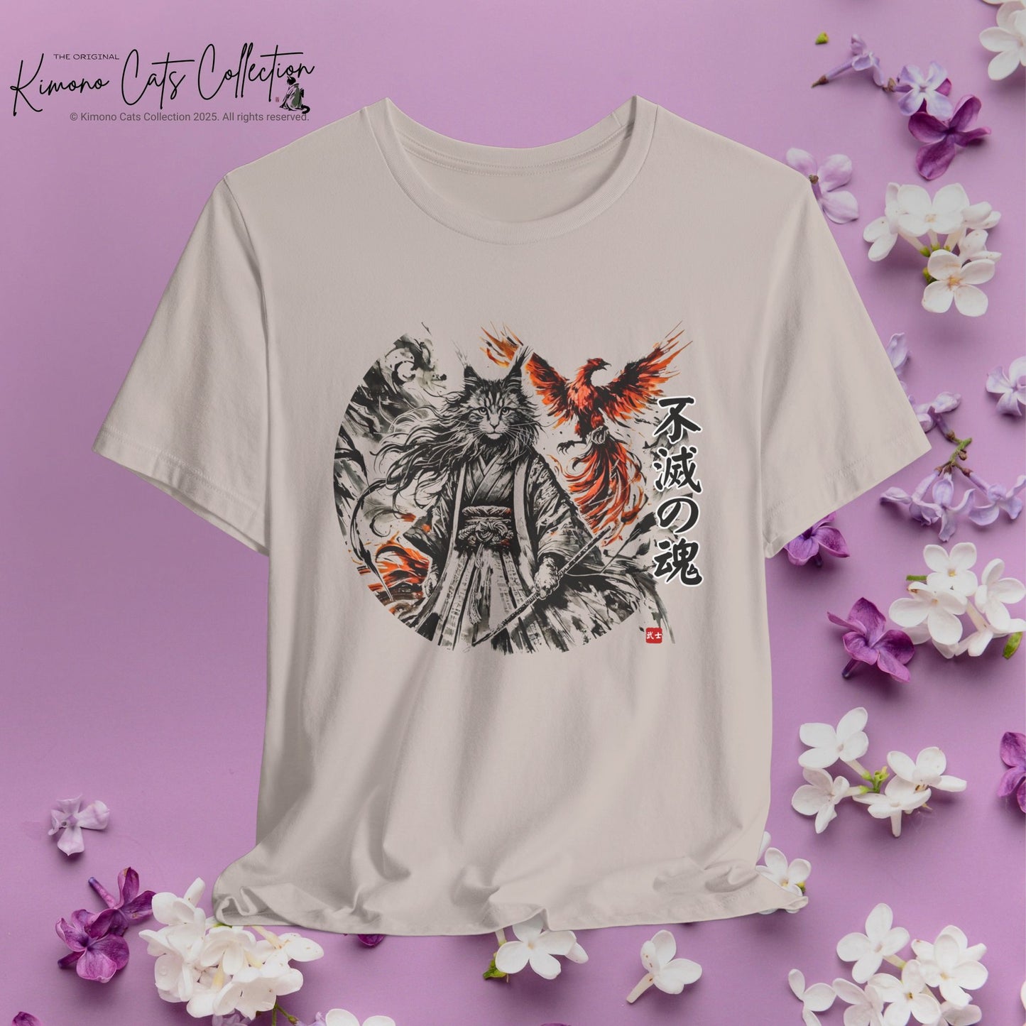 Unzerstörbare Seele – 不滅の魂 | T-Shirt mit Samurai-Katze und Phönix