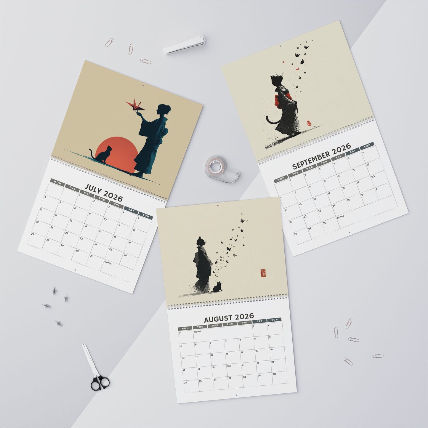 Origami Cat Ladies in Kimonos 2026 Wall Calendar