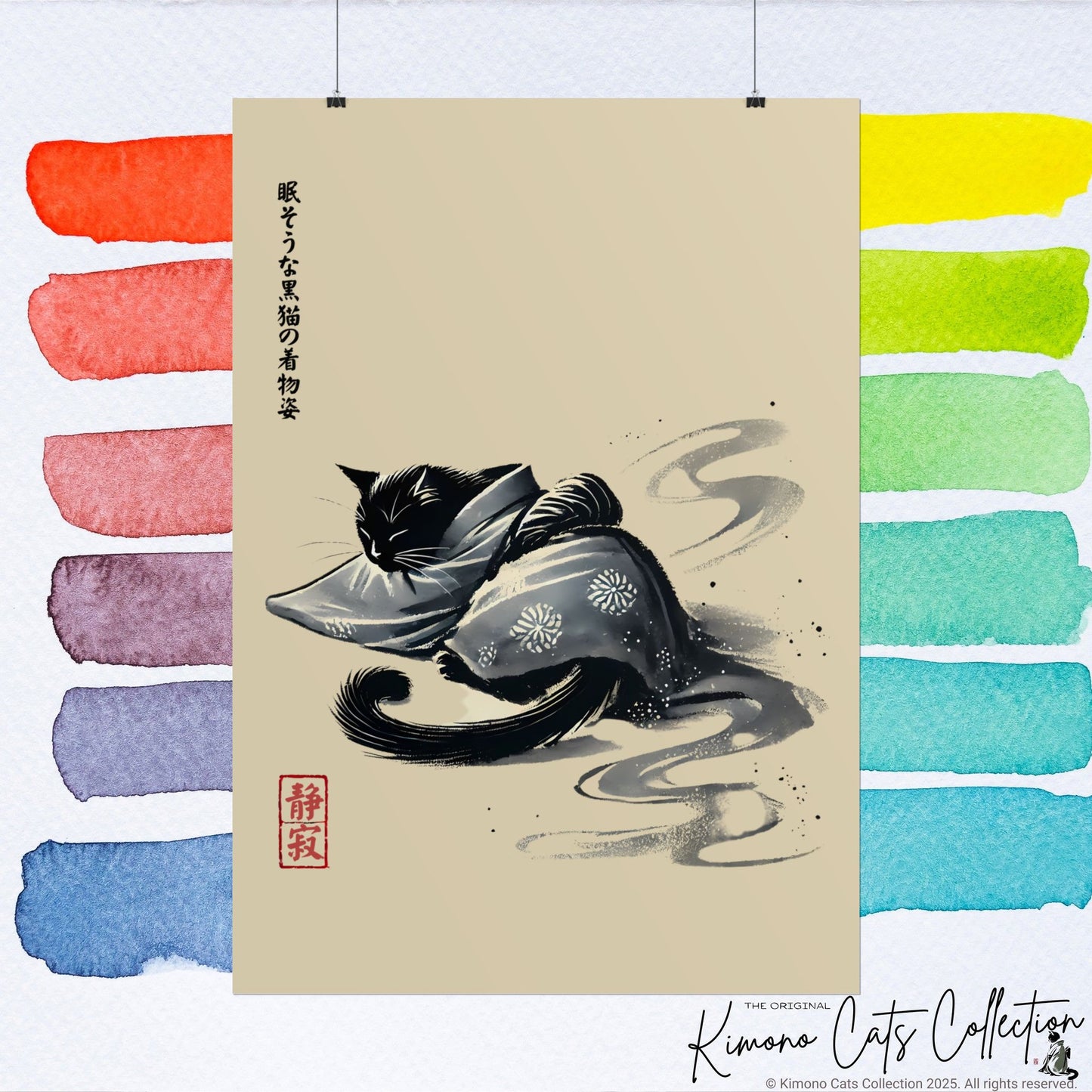 Sleeping Black Cat in Kimono – Sumi-e Zen Art Print 🐾🖌️