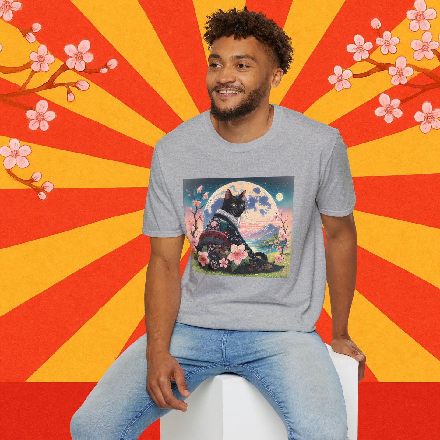Elegant Black Cat Kimono T-Shirt