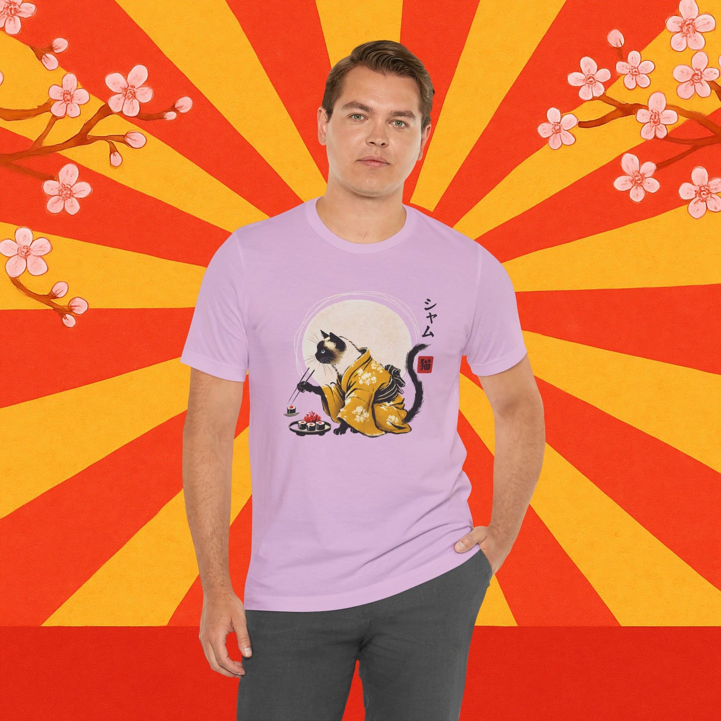 Siamese Cat Tee - Kimono Cat Eating Sushi T-Shirt, Japanese Neko