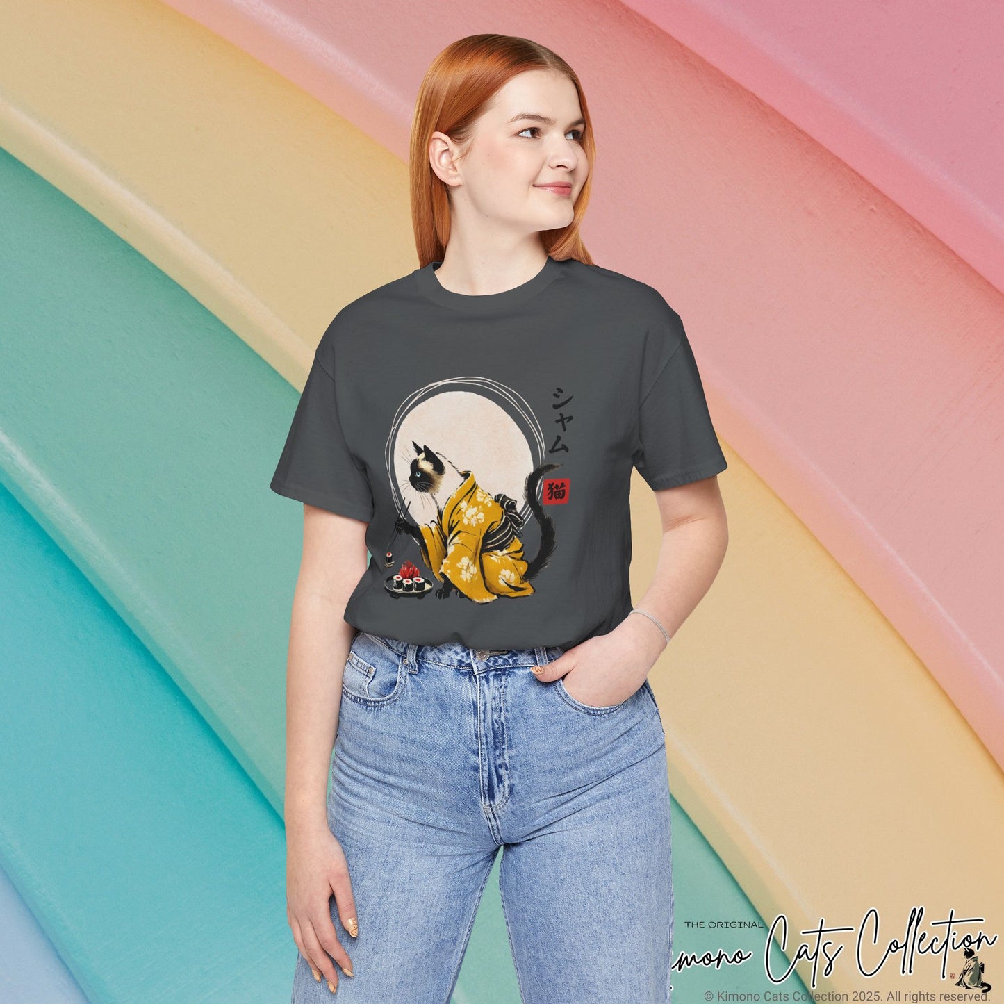 Siamese Cat Tee - Kimono Cat Eating Sushi T-Shirt, Japanese Neko
