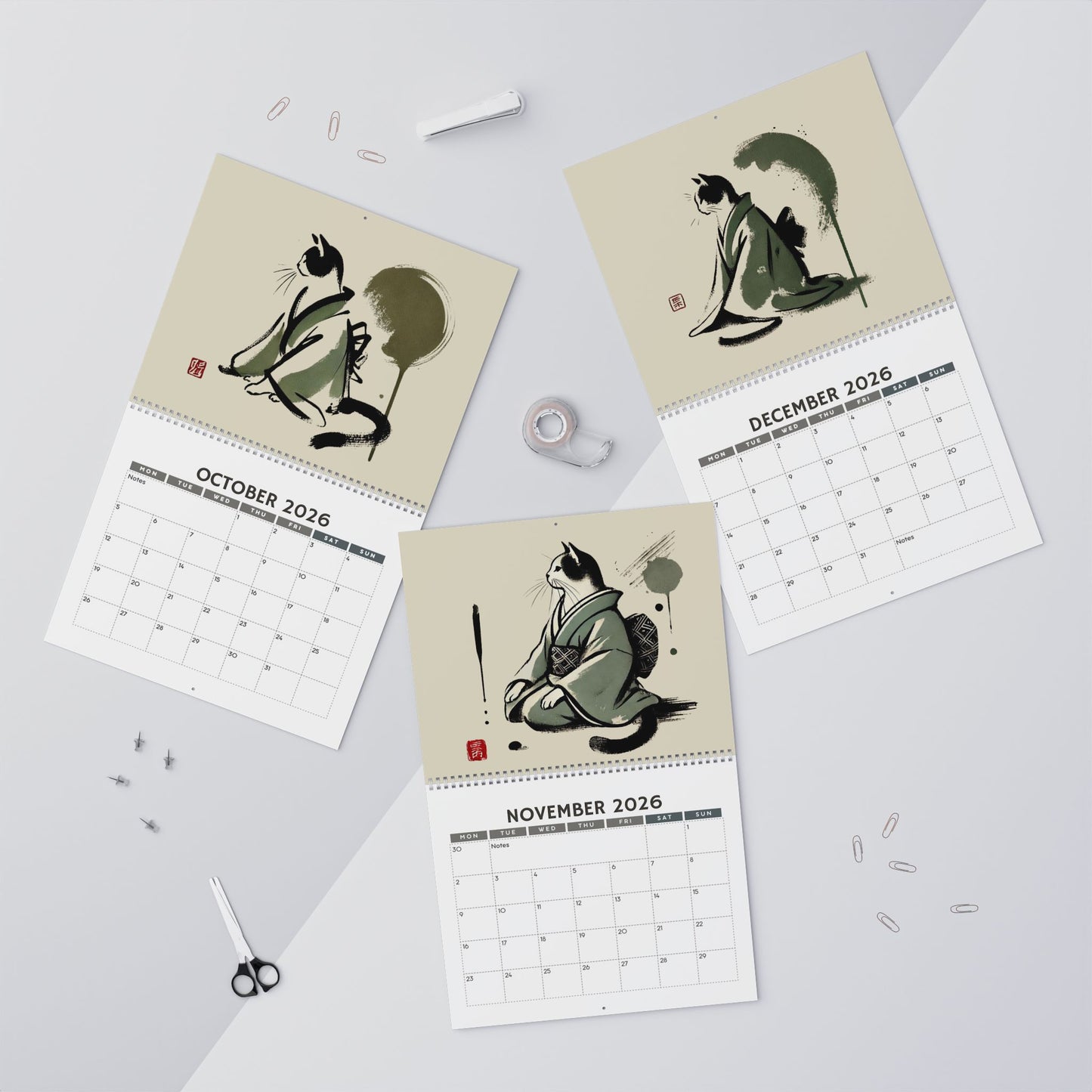 Silent Ink: Kimono Cats of Zen Japan, Sumi-e Cat Wall Calendar 2026