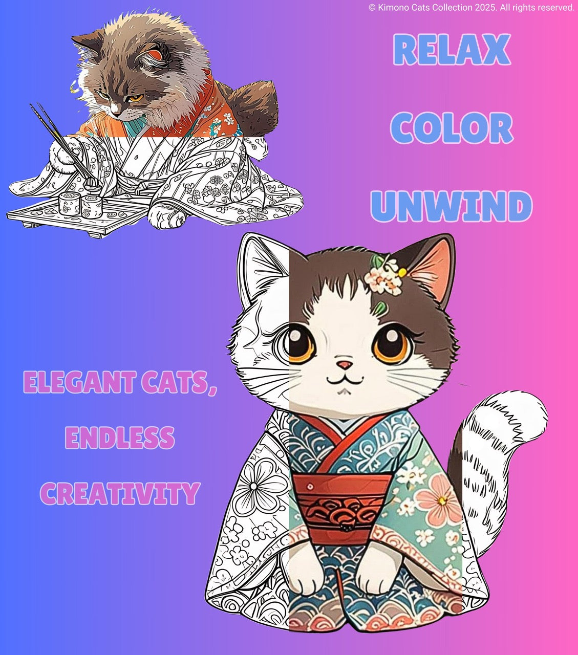 FREE! - 40 Zen Kimono Cats Coloring Pages โ Adult Coloring Book, Printable, Stress Relief, Digital Download, Relaxing, ADHD & Anxiety Relief