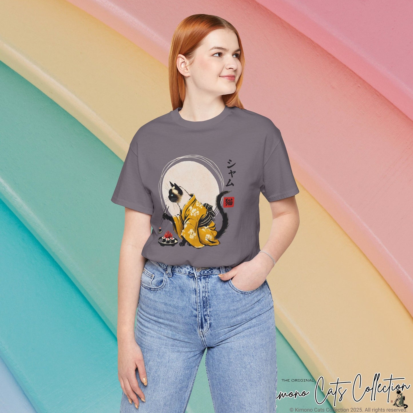Siamese Cat Tee - Kimono Cat Eating Sushi T-Shirt, Japanese Neko