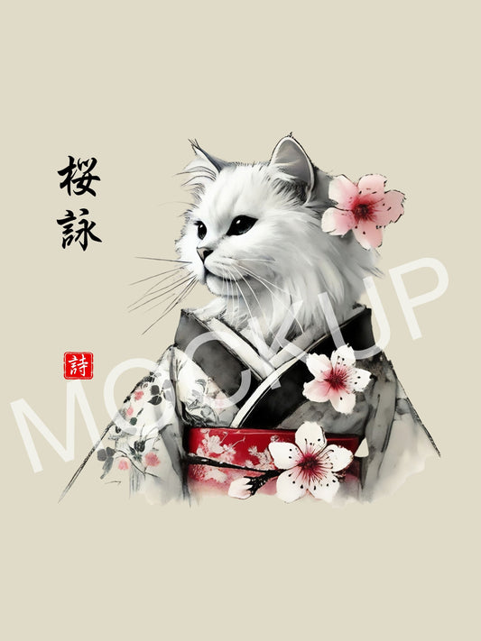 桜詠 (Sakura-Ui) – Cherry Blossom Poem Cat Wall Art